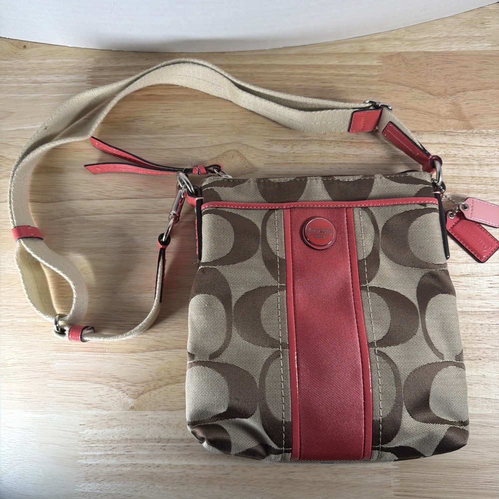Coach Swingpack Messenger Crossbody Coral Stripe & Khaki Tan Logo Purse